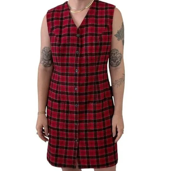 Vintage 1990s Eddie Bauer Red Wool Plaid Tartan Grunge Punk Mini Dress Sz 10 - Picture 1 of 8